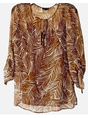 Talbots 100% Silk Brown Print Blouse XS Tie Neck Sheer Top w/ Camisole